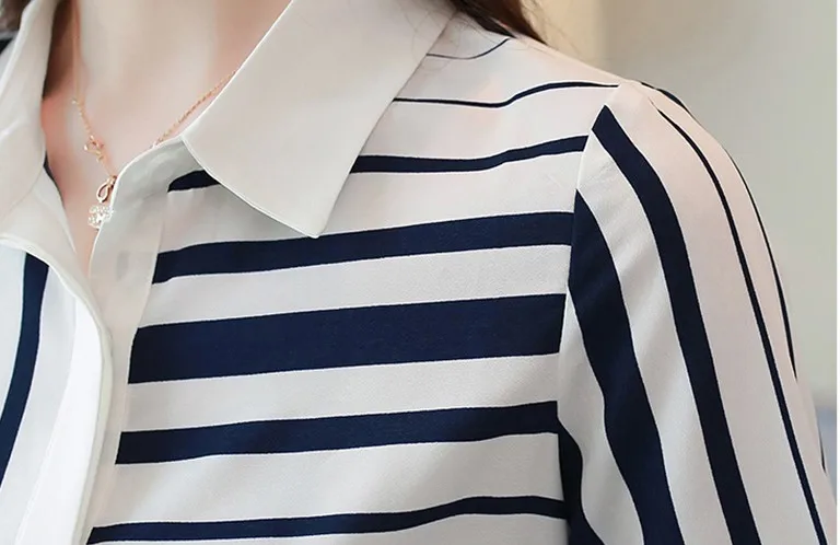 Blusas Плюс Размер полосатая рубашка Весна Осень Новая мода Женская с длинным рукавом лацканом шифоновый топ черная белая блузка офис XL