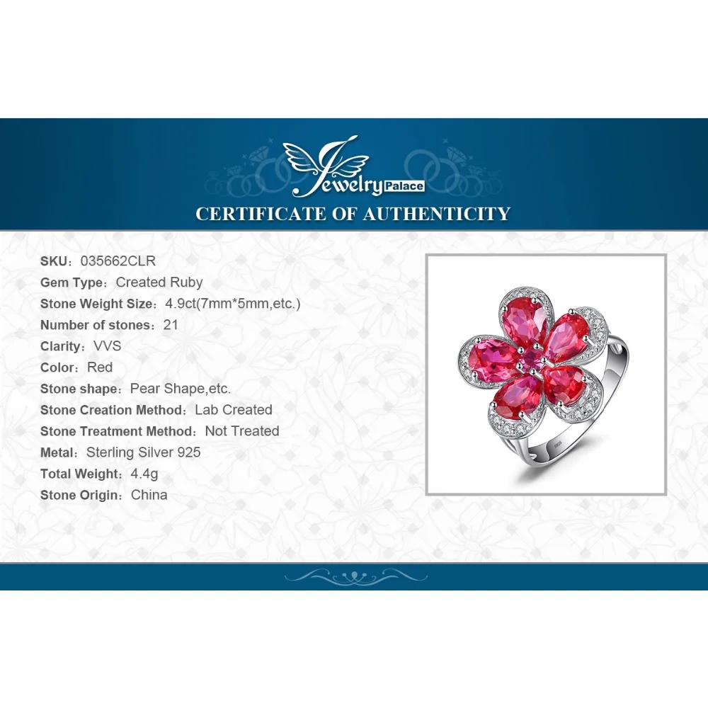 Jewelrypalace цветок 5ct создан красный рубин коктейльное кольцо стерлингового серебра