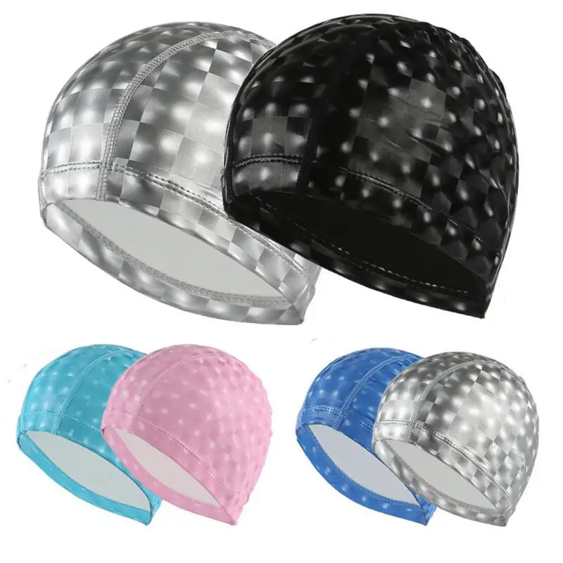 Free size Elastic Waterproof PU Fabric Swim Cap Ears Long Hair