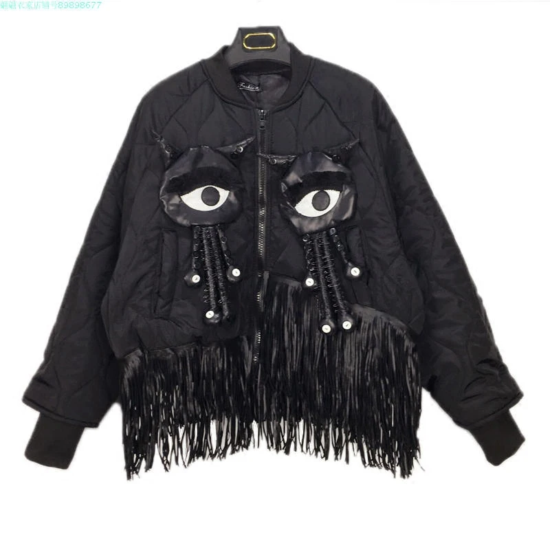 Europe Fashion Cartoon Patchwork Tassel Long Sleeve Jacket Stand Collar Loose Female Cotton padded Coat Winter