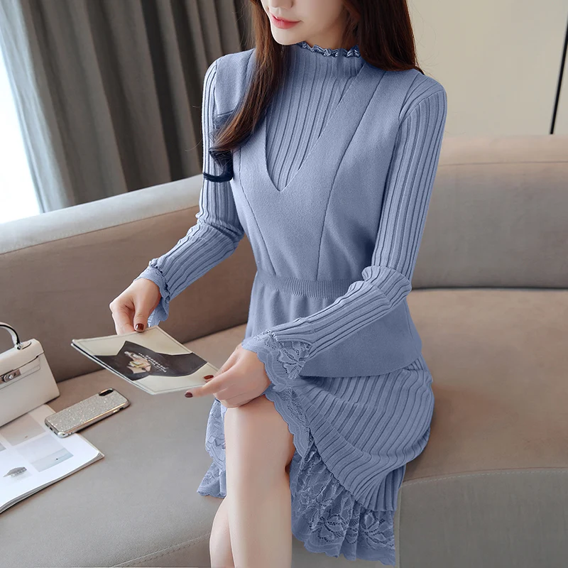 

Fashion Knitted Women's Sets Lace Solid Knitted Dress and Vest 2 Pieces Set