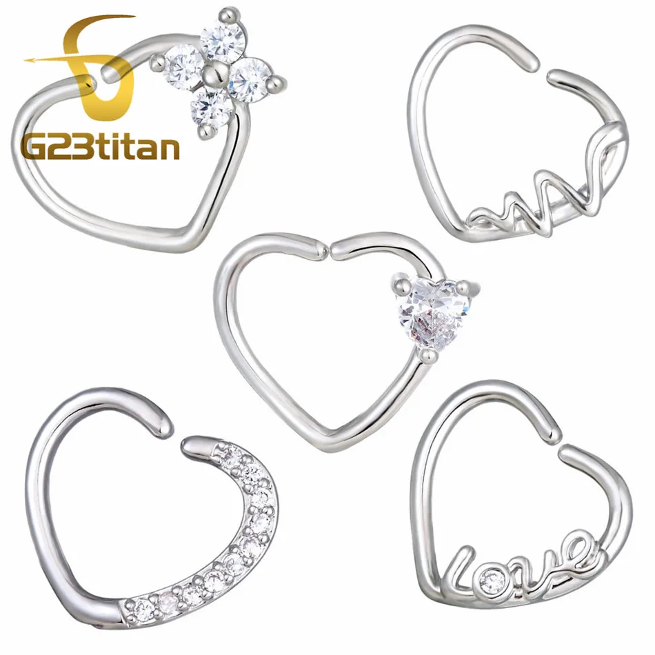 

G23titan Silver Love Heart Style Ear Daith Piercing Rings Crystal Ear Helix Piercing Fake Septum Nose Ring Body Jewelry