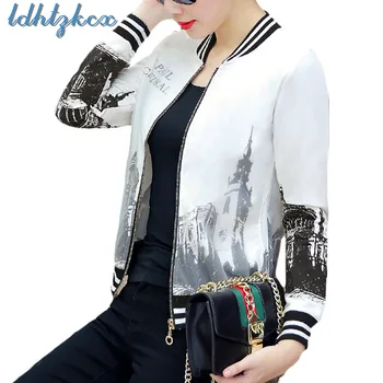 

Print Long Sleeve Jacket Female 2018 Spring-autumn New Baseball Women Korean Slim Fashion Zipper Pocket Short Section Jacket 130