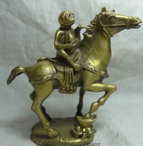 

10CM Chinese Pure Brass Zodiac Wealth YuanBao Peach Monkey Ride Horse Statue