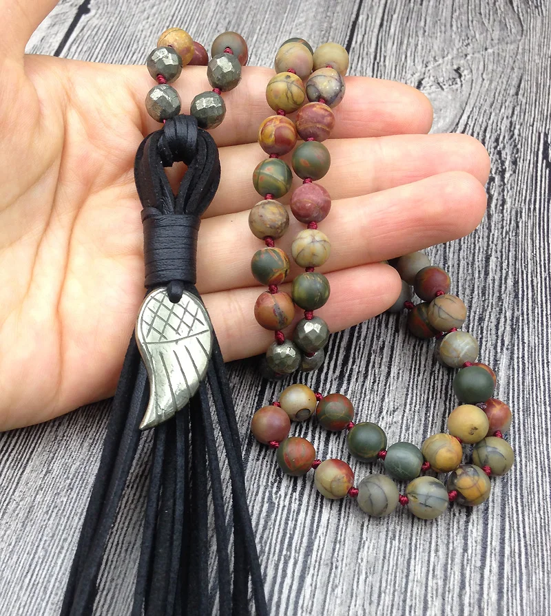 

YA2565 Natural Pyrite Angel Wing Charm Leather Tassel Picasso Stone Pyrite 8mm Beads Mala Knot Handmade Necklaces 30inch 40inch