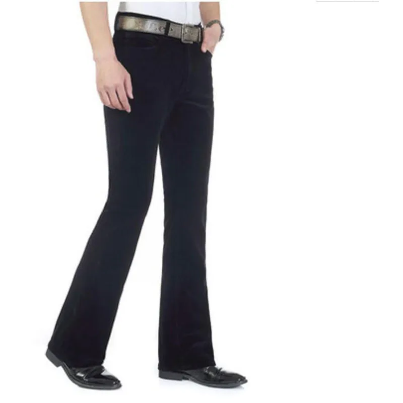 Весна и осень мужские вельветовые микро-латы средней талии эластичные тонкие брюки повседневные маленькие расклешенные брюки размер 26-36 38 - Цвет: Black