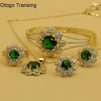 

Otogo Transing 2019 Party Gold Color Jewelry Set Charm Women Fashion Green Crystal Ring Earrings Necklace Bracelet Mark-SET208