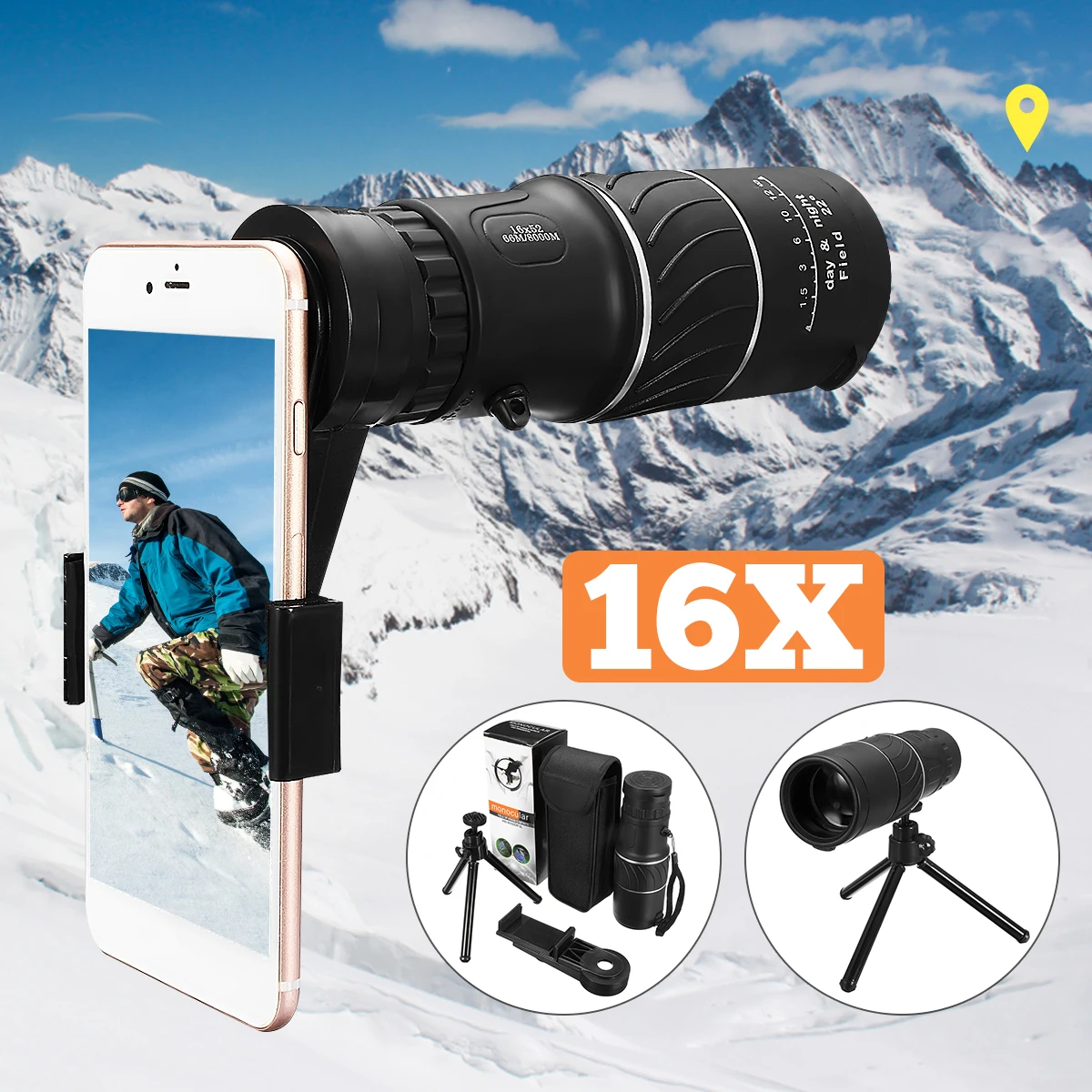 

Monocular Telescope Lens 16x52 Zoom Hiking Camera Scope Hunting +Holder +Tripod Night Vision Fully Coated Optics Used by Phone