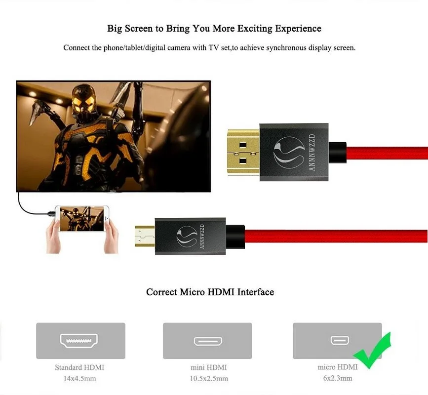 Кабель Micro HDMI к HDMI, высокоскоростной HDTV HDMI к Micro HDMI кабель поддерживает Ethernet, 3D, 4K и возврат звука