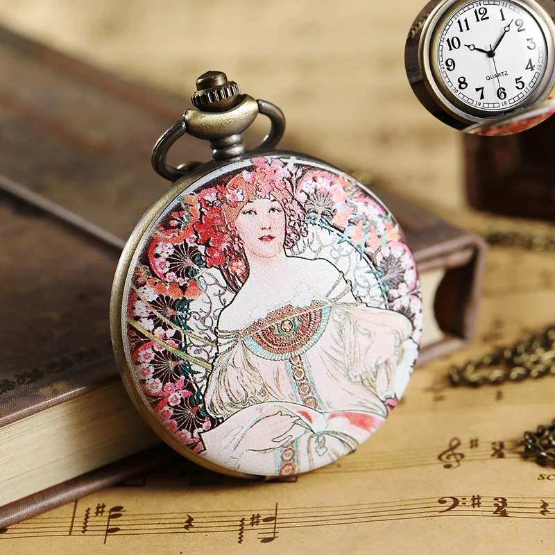 

Vintage Colorful Painted Women Quartz Pocket Watch Women Men Retro Necklace Lady Gifts Unique Pocket Watches Steampunk FOB Chain