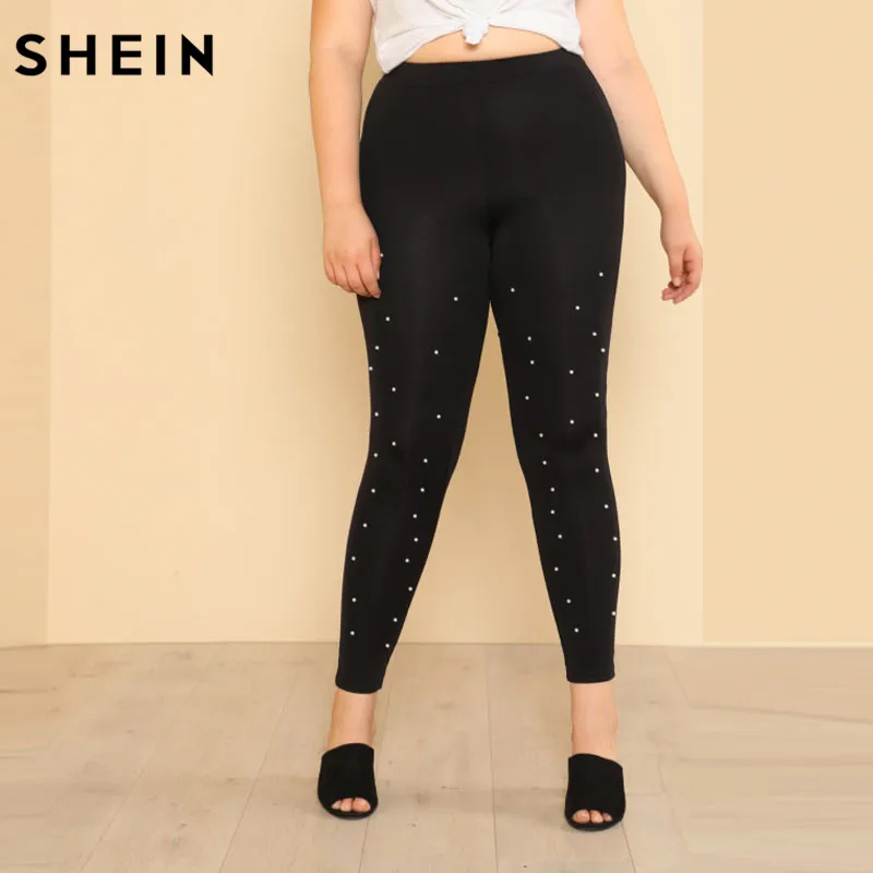 SHEIN Plus Size Pearl Beading Black Leggins Fitness High Waist Elastic