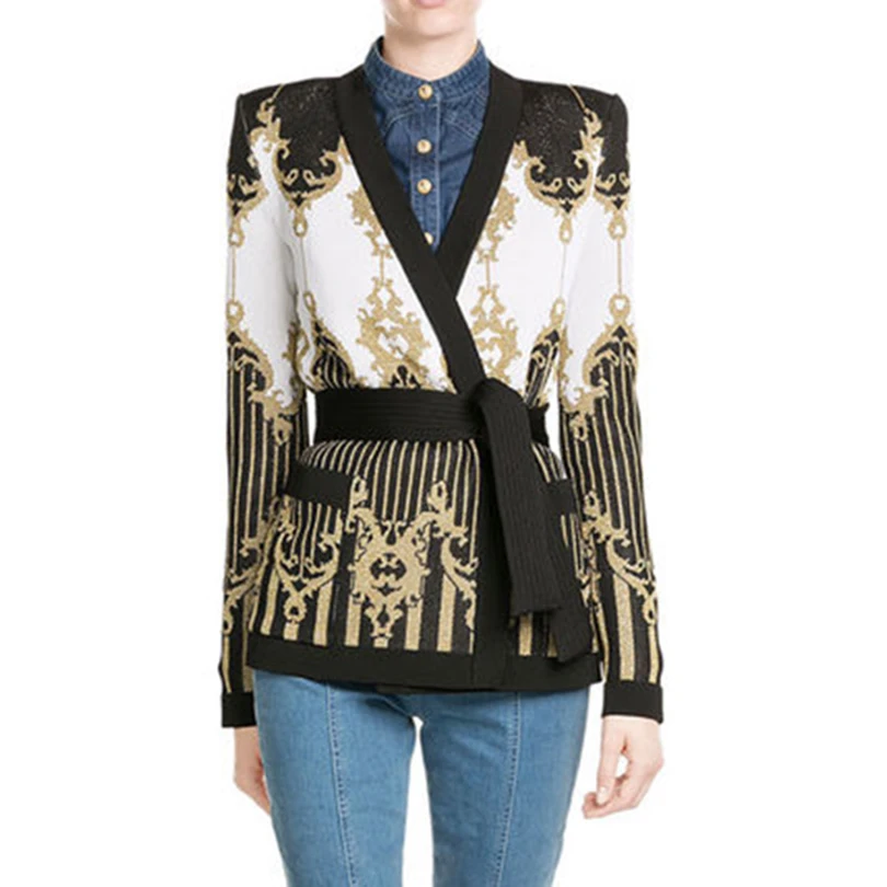 TOP QUALITY 2018 Paris Fashion Designer Jacket Women's Tie Belt Gold Thread Knitting Cardigan Outer Sweater Jacket