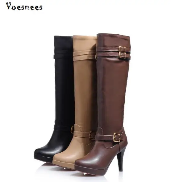

Winter Boots Women Platform Stiletto Shoes High Heel 9CM Over The Knee Thigh Buckle Waterproof Belts Leather Slim Long Boots