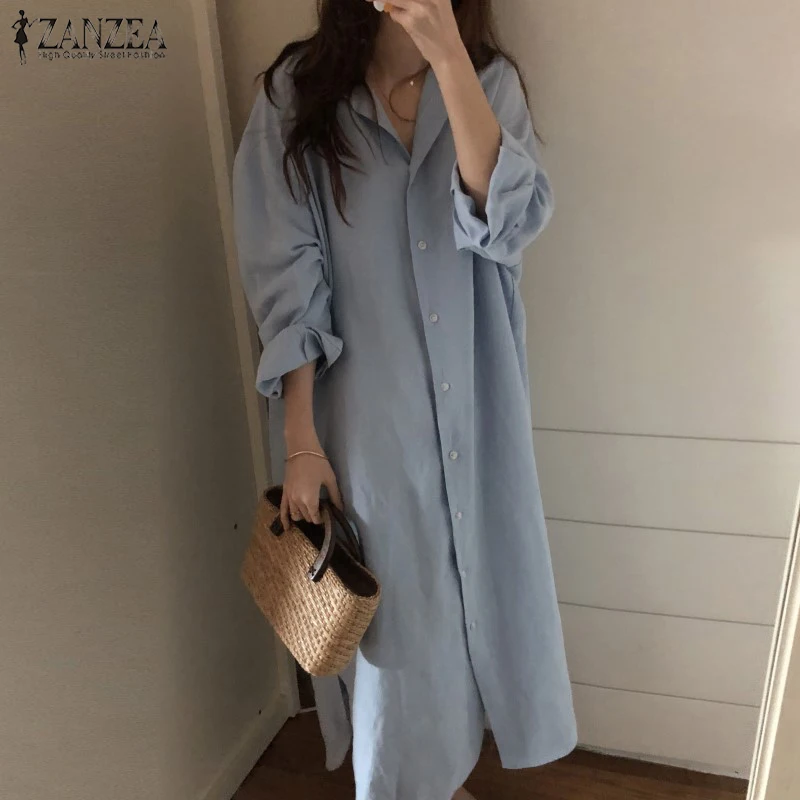 ZANZEA Vintage Women Lapel Neck Long Sleeve Autumn Vestido