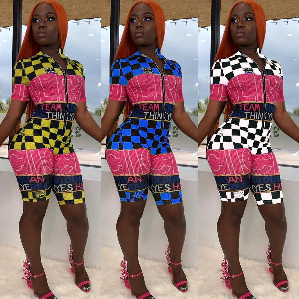 

African sexy nightclub zipper fashion printed monogram short sleeve jumpsuit