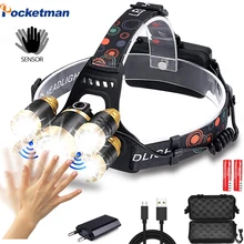 Светодиодный сенсорный головной светильник 3/5 светодиодный T6 налобный фонарь с датчиком движения головной светильник водонепроницаемый Головной фонарь с перезаряжаемой батареей 18650