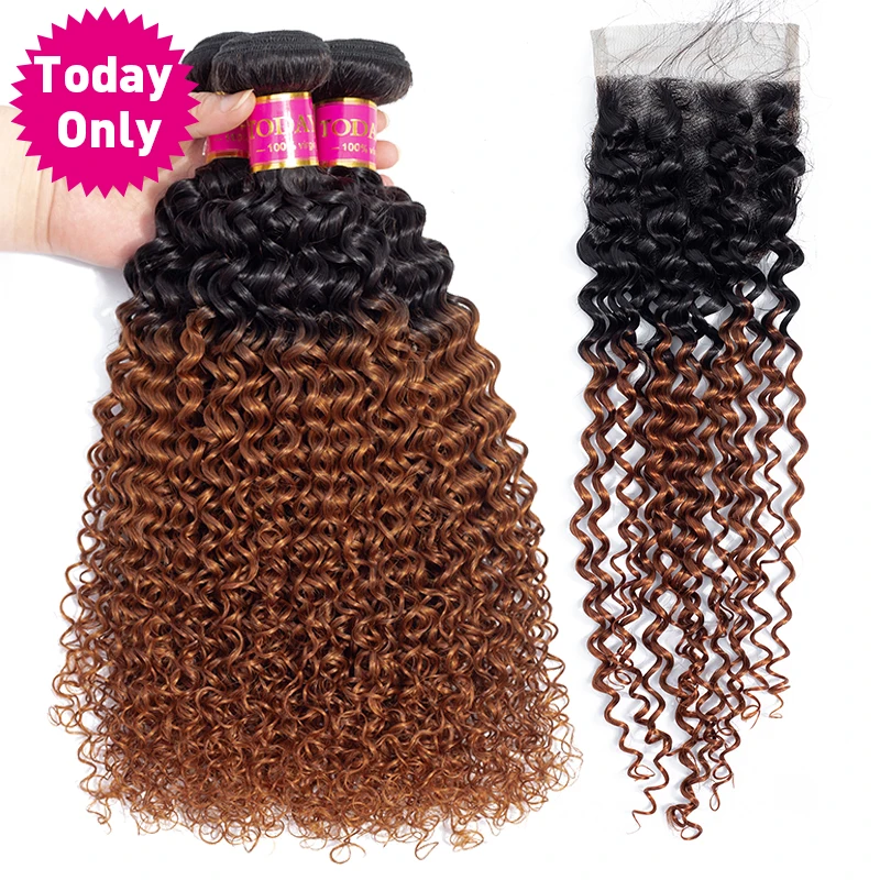 TODAY ONLY Mongolian Kinky Curly Hair Bundles With Closure Ombre 3/ 4 Bundles With Closure Remy Human Hair Bundles With Closure