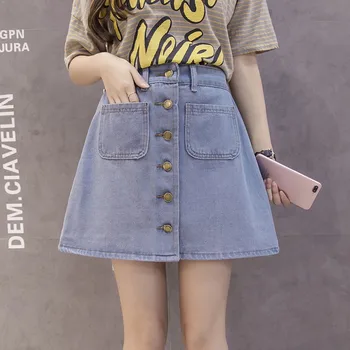 

Denim Mini Skirt Woman Summer High Waist Skirts For Women Pockets Button Lady For Girls All-matched Jeans Skirt Plus Size