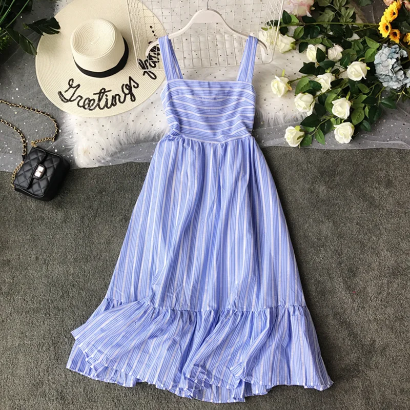 

Women Summer Dress 2019 Ruffle Striped Casual Beach Dress Holiday Spaghetti Strap Sexy Backless Tie Mid-Calf Midi Dress Sundress