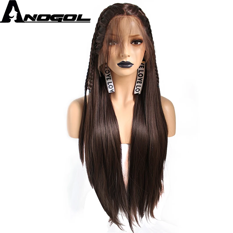 

Anogol Middle Part Brown High Temperature Fiber Braids Natural Long Straight Synthetic Lace Front Wig For Women With Baby Hair