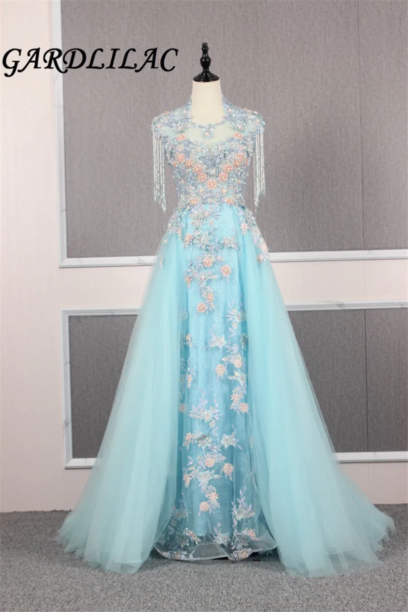 

Light Blue Evening Dresses 2019 Plus Size Tulle 3D Appliques Long Formal Dresses Gowns Beaded Sleeveless Robe De Soiree