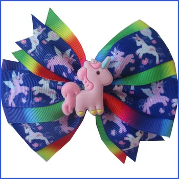 

100 BLESSING Girl 4.5" Two Tone Wendy Hair Bow Clip Rainbow Unicorn Pony Hairbow