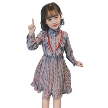 Новинка года, весеннее свободное шифоновое платье для маленьких девочек возрастом от 3 до 12 лет зимние платья с длинными рукавами Вечерние Платья с цветочным принтом для маленьких девочек