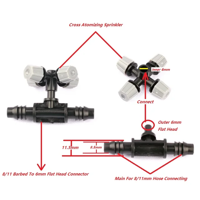 5Set Cross Keresztes Porlasztási Sprinkler 8/11 -Től 6 Mm -Es Tee -Csatlakozóval, Nagy Hatékonyságú Négy Út - Image 4