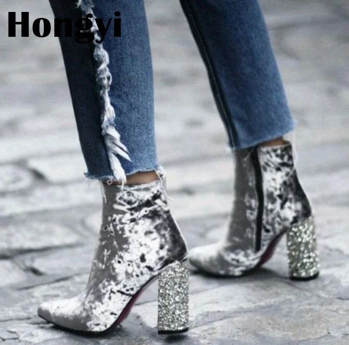 

High Quality Pointed Toe Velvet Bling Bling Chunky Heeled Women Short Boots Comfortable High Heel Grey Black Ankle Boot