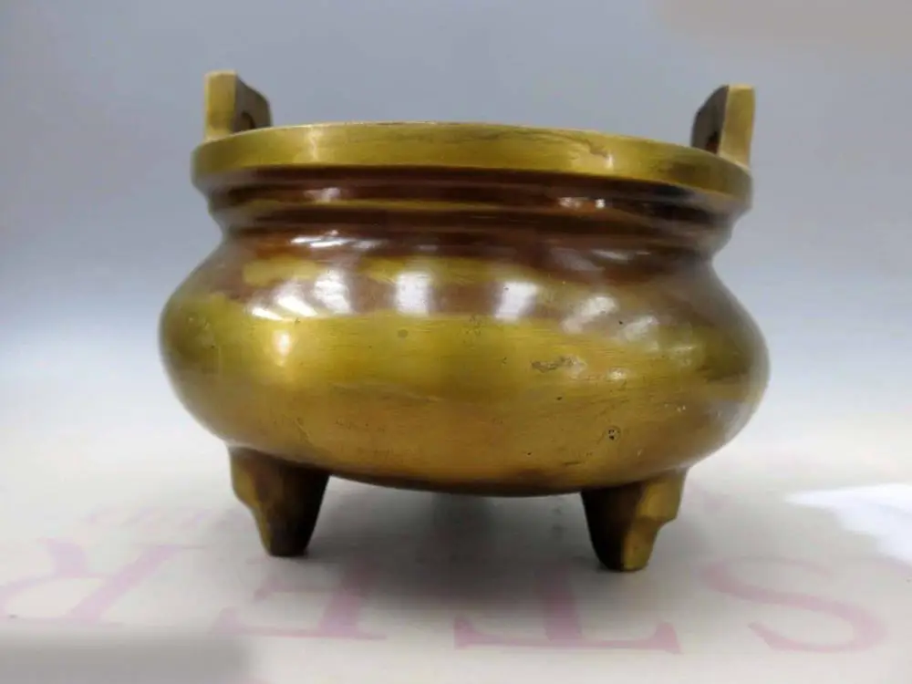 

China pure brass copper carved fine Xuande incense burner censer Statue