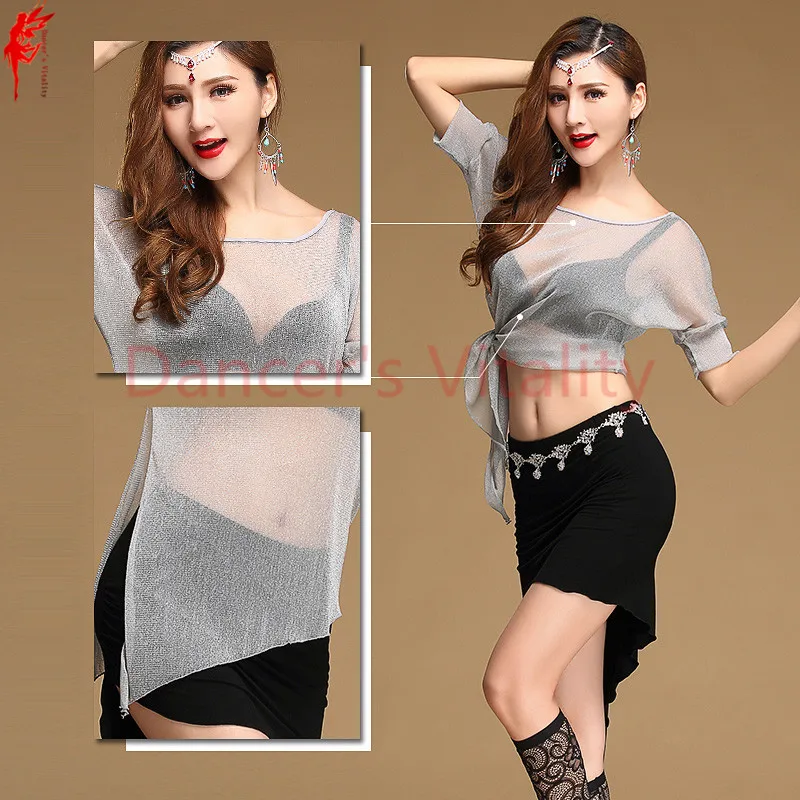 Оптовая танец живота топ серебряная сетка женщины практика девушка одежда серый