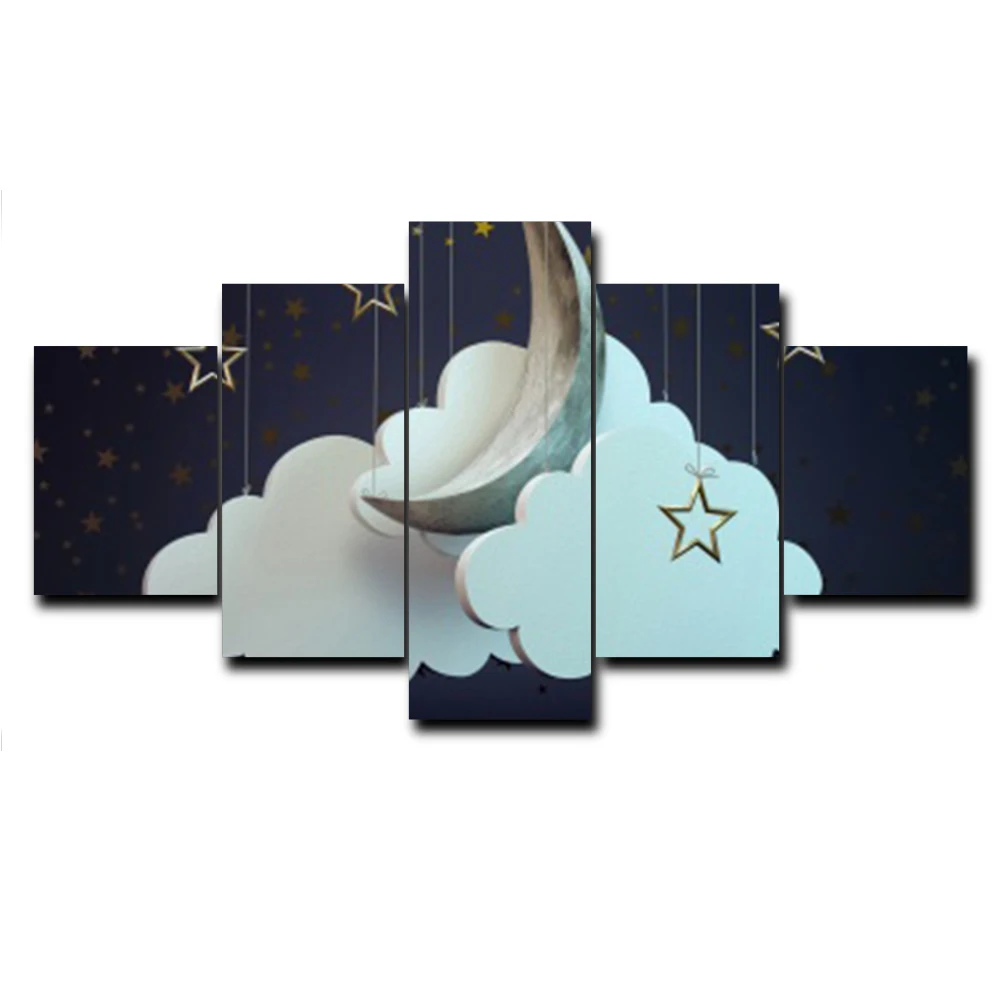 

5 Panel Cartoon Cloud Moon Abstract Wall Artwork Canvas Oil Painting Poster For Living Room Home Wedding Cuadros Decor No Frame