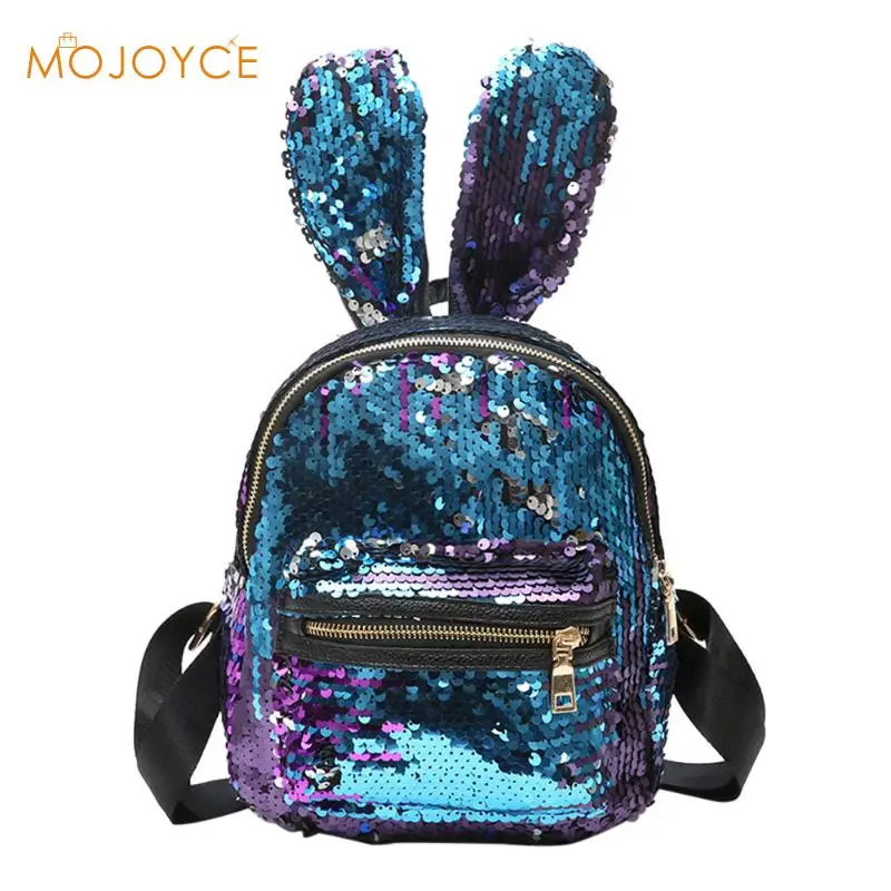 

Women Bling Sequins Backpack Cute Big Rabbit Ears Double Shoulder Bag Women Mini Backpacks Children Girls Travel Bag mochila New