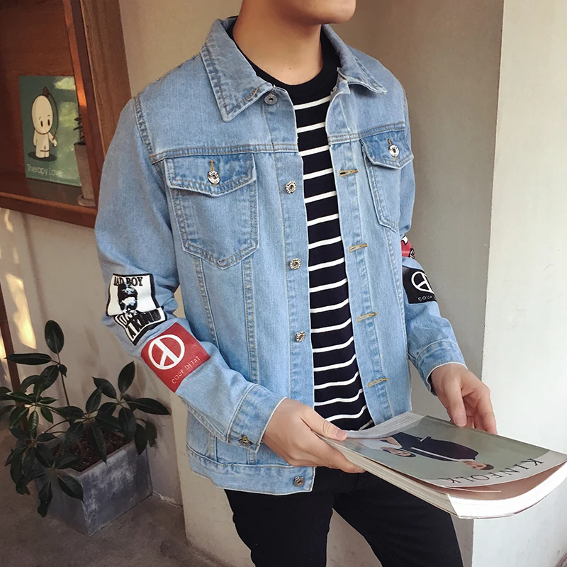 Cena Mężczyźni stylowy luźny dżins kurtka kowboj Slim Fit Bomber zużyta kurtka płaszcz dżinsowy odzież męska kurtka dżinsowa Hip Hop z powłoką drukowaną