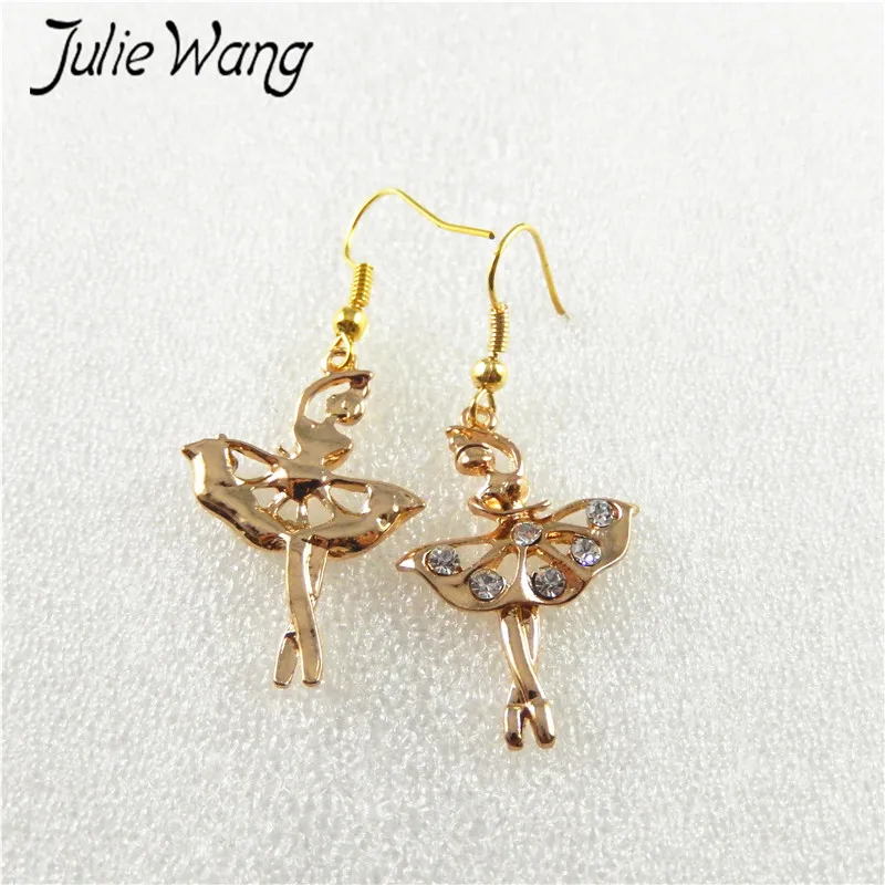 Julie Wang 1pair/pack Gold Color Embellished with White Crystal Ballet Girl Dance Styling Ear Hook Earrings For Women Lady Gift