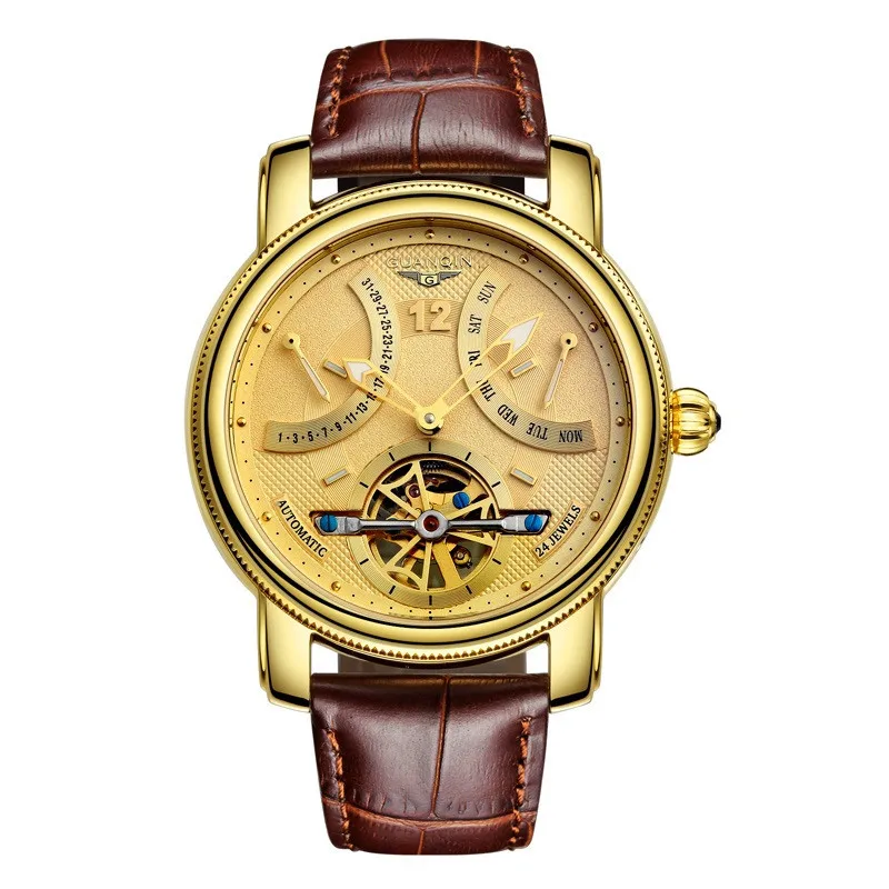 Известный бренд GUANQIN Для мужчин Часы световой механические Роскошные Часы Водонепроницаемый часы кожа Для мужчин Наручные часы мужской часы