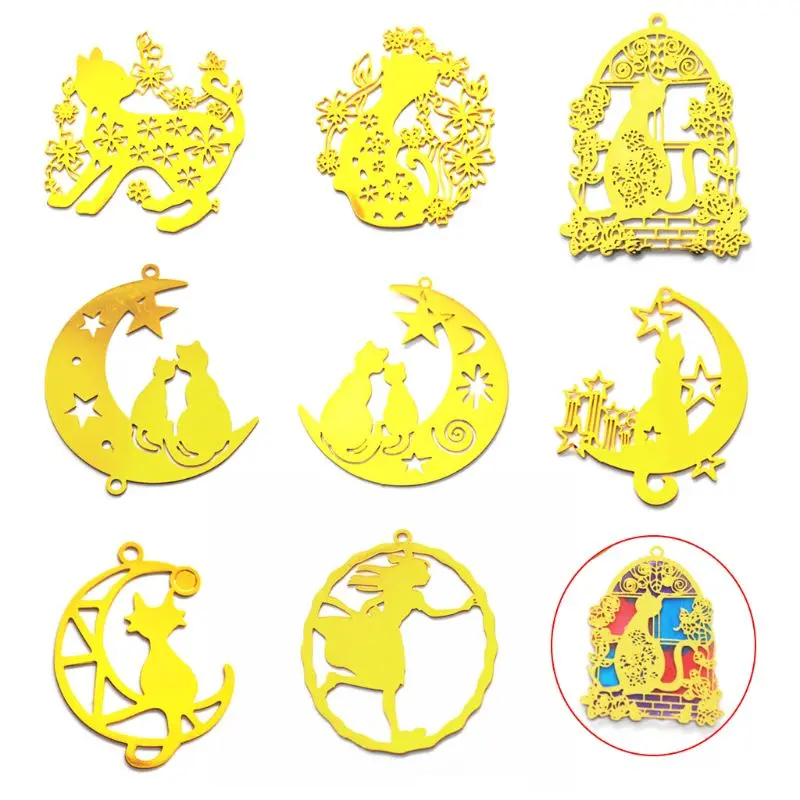 

8 Pcs/pack Epoxy Filler Copper Sheet for DIY Craft Making Pendant Necklace Cat Moon Girl Styling Jewelry Frame