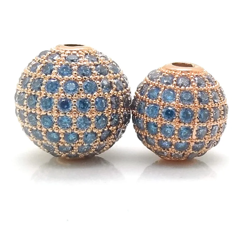 

6mm 8mm 10mm 12mm Rose Gold Jewelry Spacer Bead With Pave Created Aquamarine CZ Round Beads For Macrame Bracelet Making