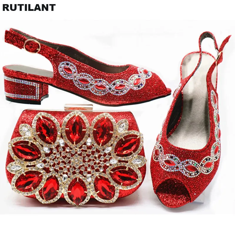 

New Arrival Italian Designer Shoes and Bags Matching Set Decorated with Rhinestone Nigerian Style Shoes and Bag Set Party Pumps