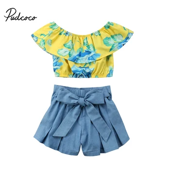 

Summer Toddler Kids Girl Off shoulder Floral Crop Tops+High Waist Ruffles Bow Denim Shorts Hot Pant 2PCS Outfits Clothing Set