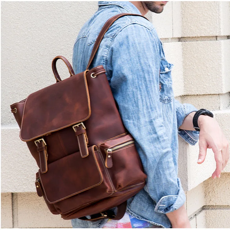 

Crazy Horse Genuine Leather Men Backpack Vintage Cow Leather Women Daypack 14" Laptop School Bags Casual Thick Travel Rucksack