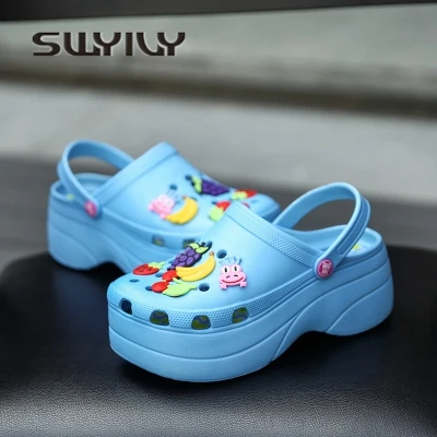 SWYIVY Platform EVA Hole Sandals Woman 2018 Toe Cover Female Casual Clogs Shoes Muffin Beach Slippers 40 Big Size Sandals Shoes