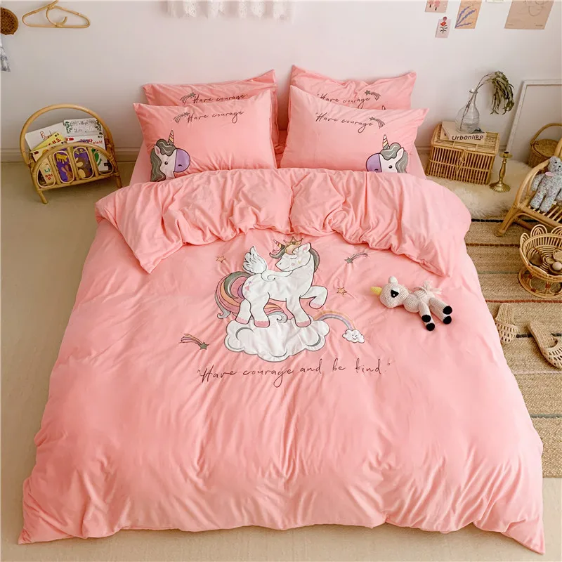 

Cartoon Unicorn Dinosaur Rabbit Embroidery Warm Winter Flannel Child Bedding set Fleece Fabric Duvet Cover Bed sheet Pillowcases