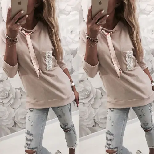 Womens Autumn Long Sleeve Solid Color Lace Hoodie