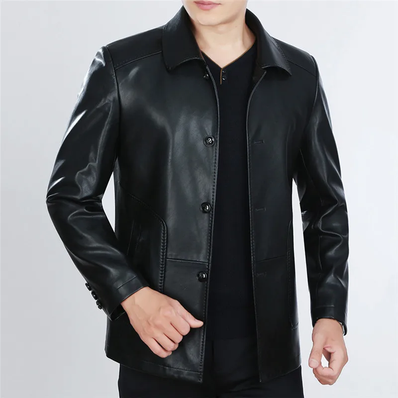 Spring Autumn Men Leather Jacket New Mens Business Casual Sheepskin Coats Plus Velvet Thick Loose Warm Male Outerwear N599