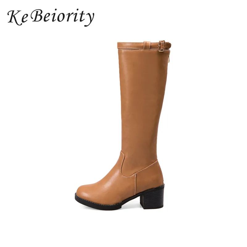 KEBEIORITY Knee High PU Leather Boots Women Thick Heel European Style