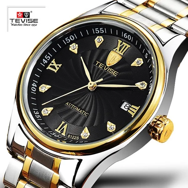 TEVISE мужские часы бренд личности мужские часы водонепроницаемые Модные автоматические часы Дата полые механические наручные часы - Цвет: Gold Black Steel