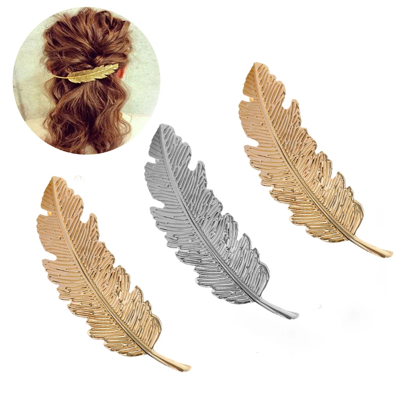 

1Pcs Fashion Metal Leaf Shape Hair Clip Barrettes Crystal Pearl Hairpin Barrette Color Feather Hair Claws Hair Styling Tool