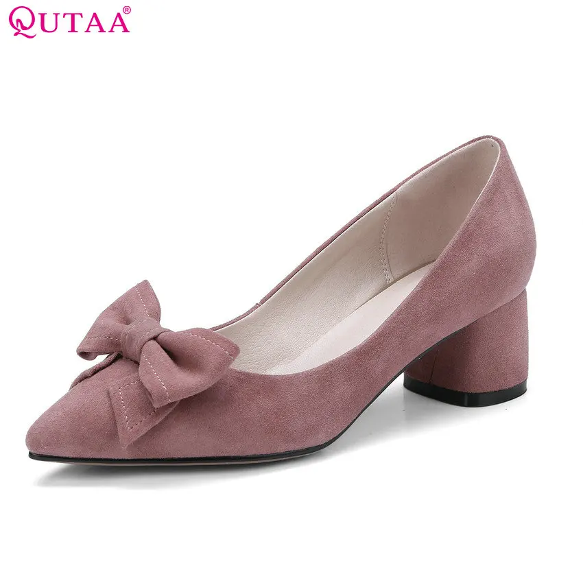 

QUTAA 2018 Women Pumps All Match Fashion Slip on Bow Tie Cow Suede Pointed Toe Square Heel Ladies Wedding Pumps Size 34-43