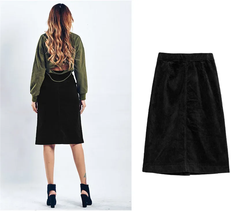Autumn a-line skirt corduroy skirt in the long high waist slit skirt multi button pocket skirt (7)